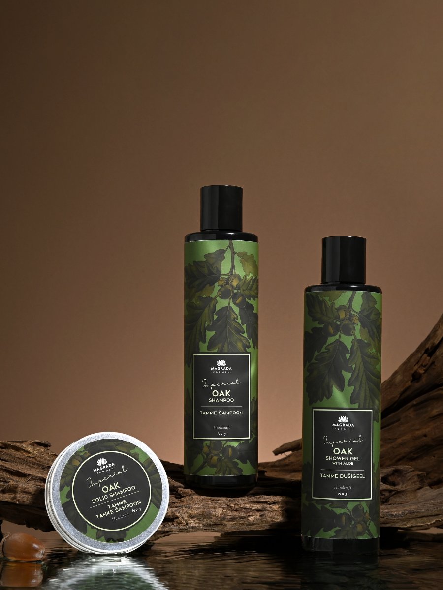 Magrada Organic Cosmetics men's daily essentials kit with oak shampoo solid shampoo and shower gel