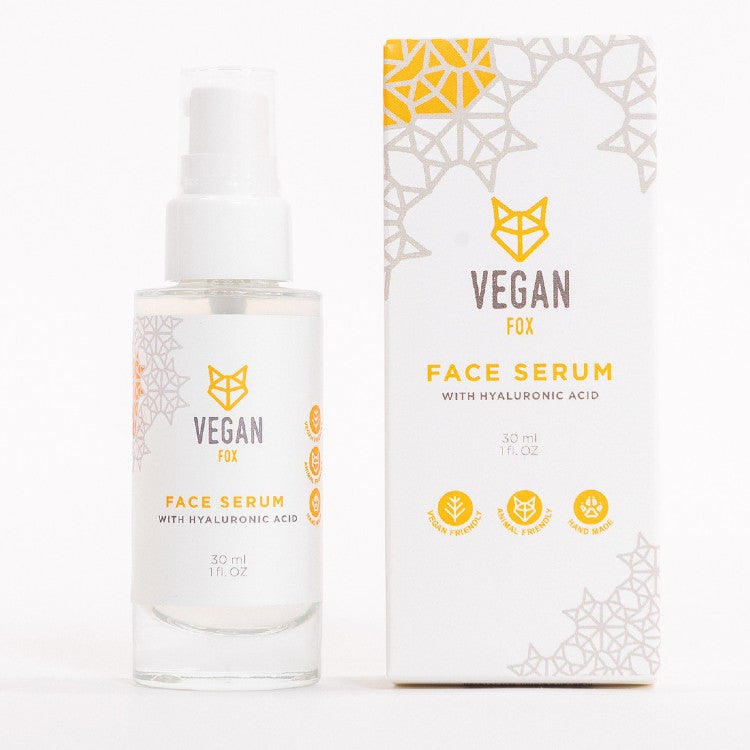 Vegan Fox Hyaluronic Acid Face Serum in clear pump bottle with white and yellow packaging
