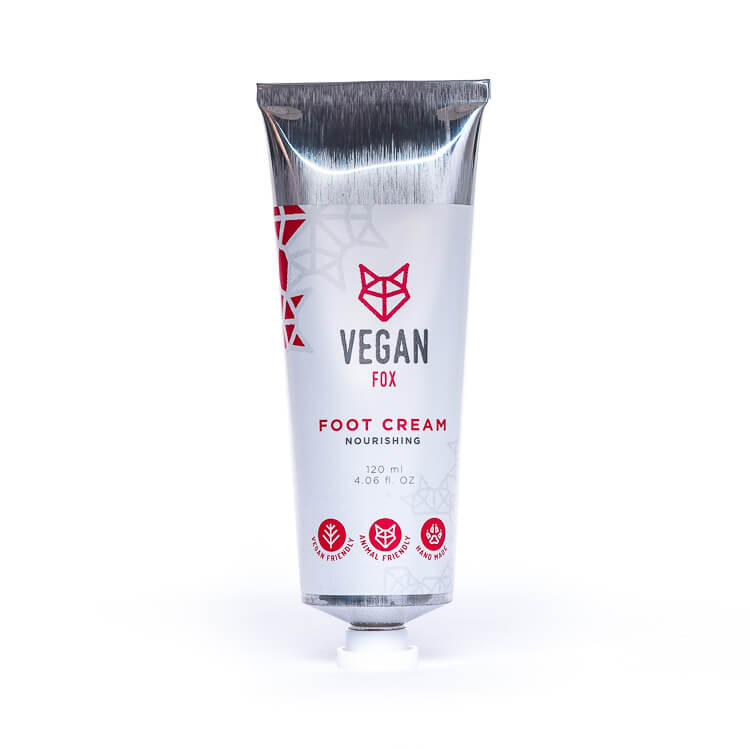 Vegan Fox hydrating foot cream 120ml nourishing formula in a silver and white tube