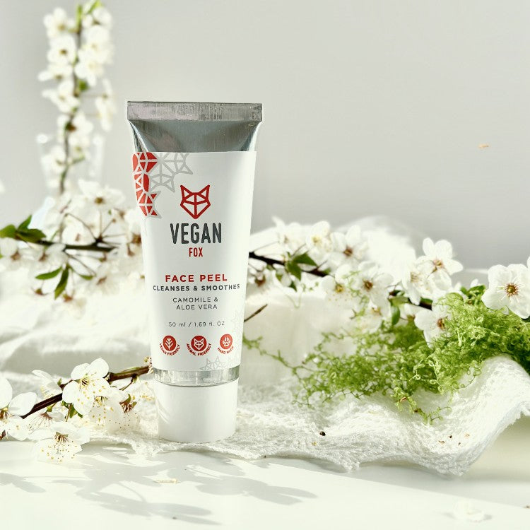 Vegan Fox natural face peel for smoother skin with camomile and aloe vera in a white tube