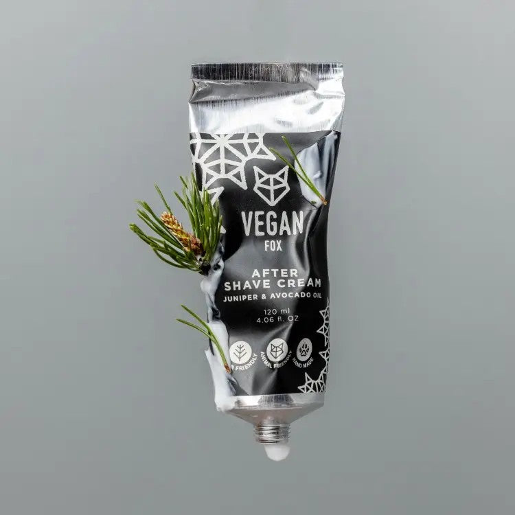 Vegan Fox vegan after shave cream tube with juniper and avocado oil on gray background